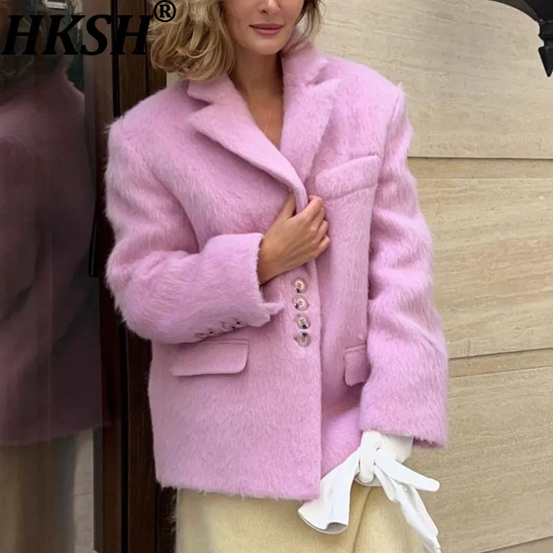 

HKSH осень-зима новый женский пиджак с зубчатыми однобортными карманами однотонные корейские уличные повседневные шерстяные куртки HK11632