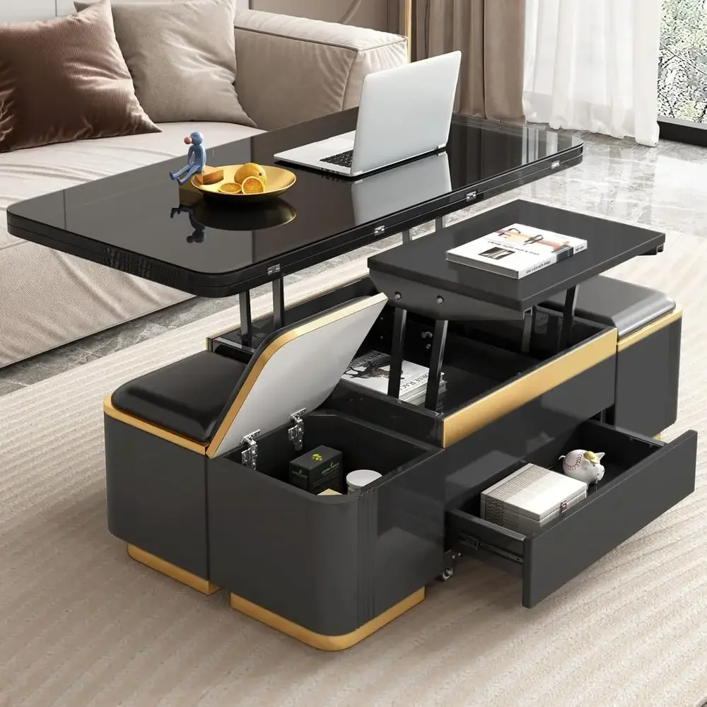 

Convertible Coffee Table with 4 Storage Stools, Multifunctional for Living Room, Dining, and Home Office, Ideal for Small Spaces
