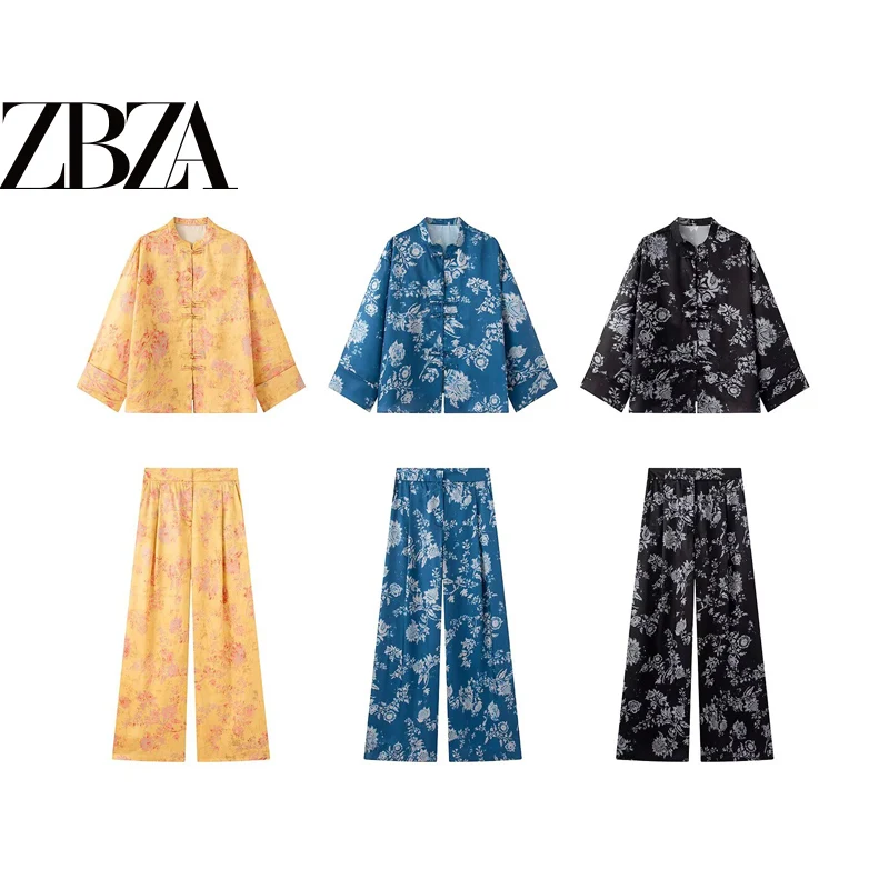 New Chinese Style Printed Shirt Wide Leg Pants Set Women's Fashion Autumn Collection Stand Collar Button up Two Piece Suit