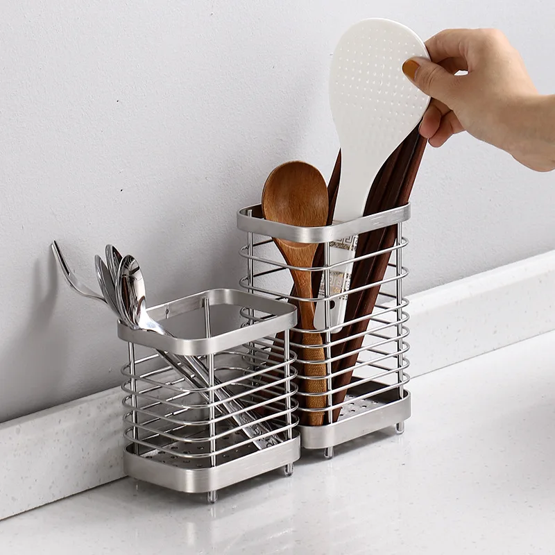 Stainless Steel Chopsticks Basket Chopsticks Tube Household Drainable Knife Fork Spoon Storage Box Kitchen Utensils Storage Rack