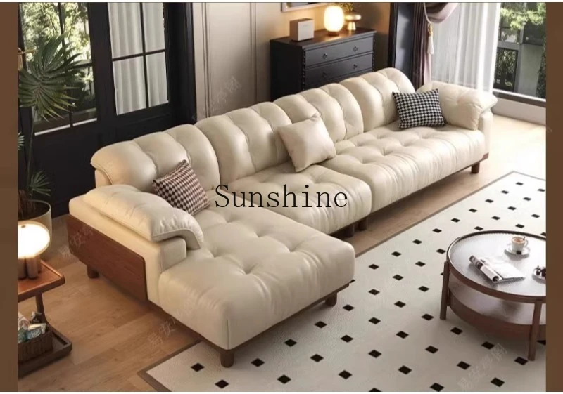 

Minimal small apartment log first layer cowhide straight row multi-person leather art sofa