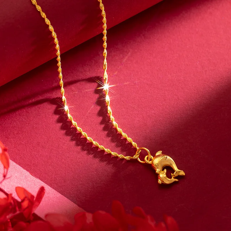 

18k Pure Gold Dolphin Pendant Necklace for Women Wedding Birthday Party Necklaces Chains Fine Gifts Jewelry