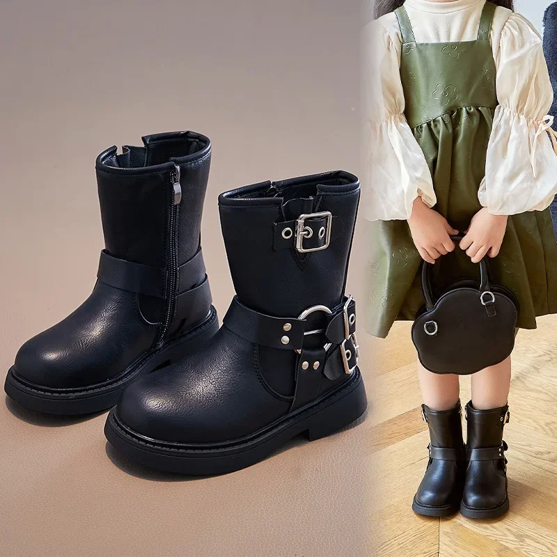 Round Toe Platform Kid Boot 2024 Autumn/Winter British Boy Leather Boot Fashion Girl Knight Boots Mid Size Ankle Boot Kid Shoe