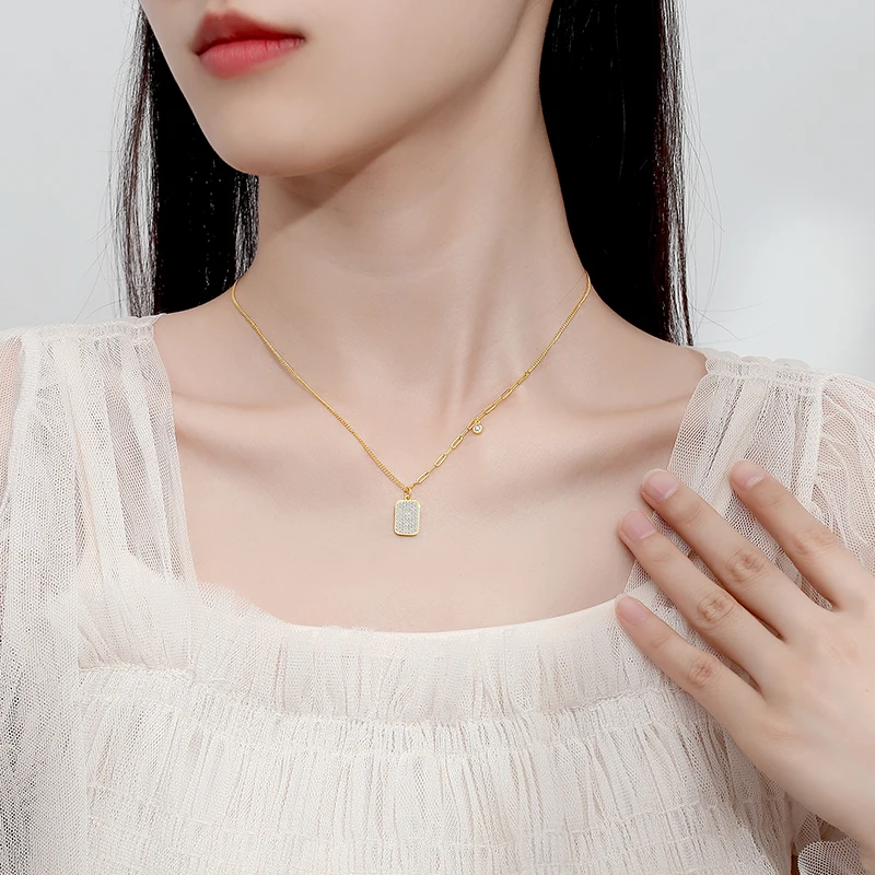 925 Sterling Silver Full Zircons Diamond Tiny Dog Tag Necklace Fashion Shiny Cool Square Pendant Fine Jewelry For Women Men Gift