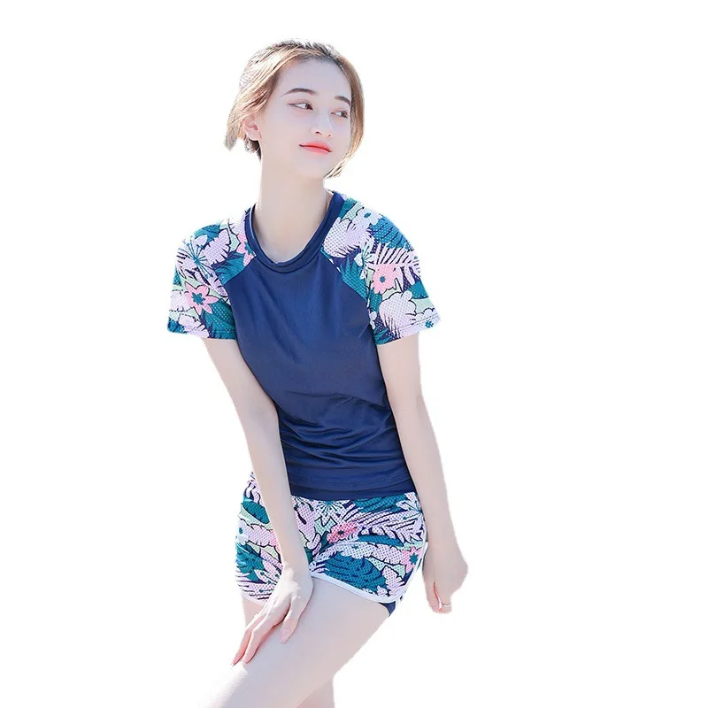 Good Quality Women Swimsuit Printing High Waist short Sleeve Elastic Hot Spring Dress Plus Size Lady Swimwear