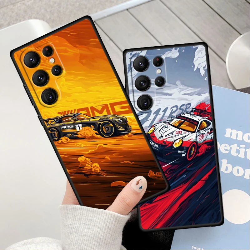 Cool Anime Sports Car For Samsung Galaxy S24 S23 S22 S21 S20 FE S10 S9 S10E S8 Plus Ultra Lite 5G Black Phone Case