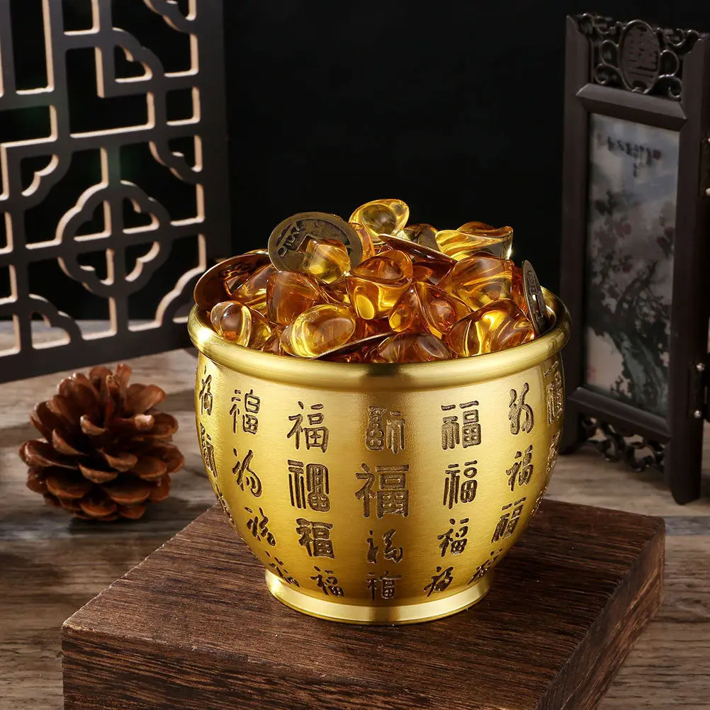 

Brass Small Wealth Luck Bowl Treasure Basin Decorative Offering Bowl Table Centerpiece Chinese Money Fortune Basin
