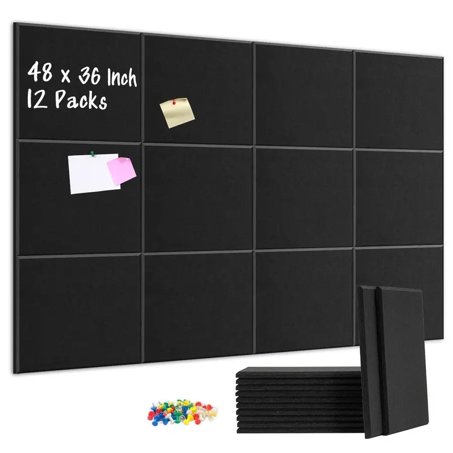 

Large Cork Board for Wall 48 x 36 x 0.5 Bulletin Board 12 Packs Black Cork Board Tiles Self Adhesive Felt Wall Tiles with Pushpi