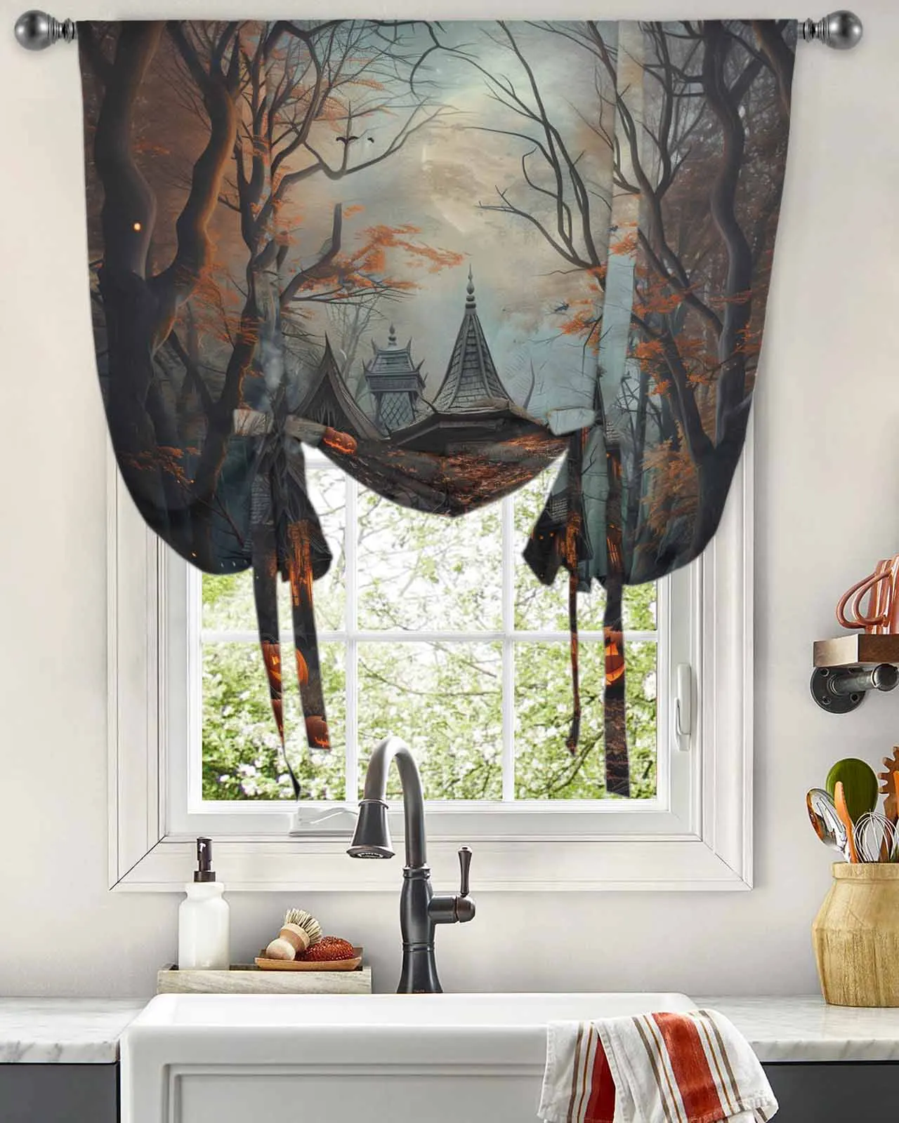 Alloween Castle Pumpkin Retro Grove Window Curtain for Living Room Kitchen Tie-up Roman Curtain Home Decor Blinds Drapes