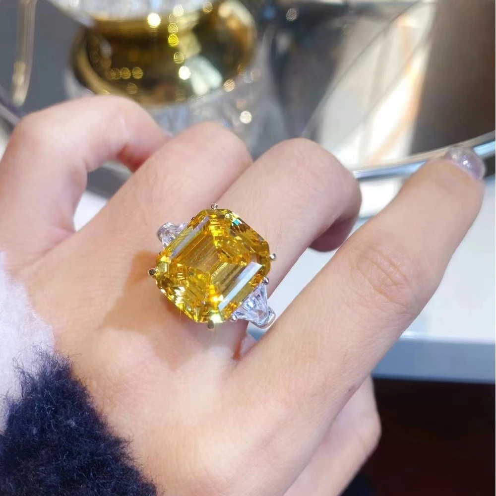 WUIHA Real 925 Sterling Silver Asscher Cut 15CT Fancy Vivid Yellow Sapphire Diamond Anniversary Ring for Women Gift DropShipping