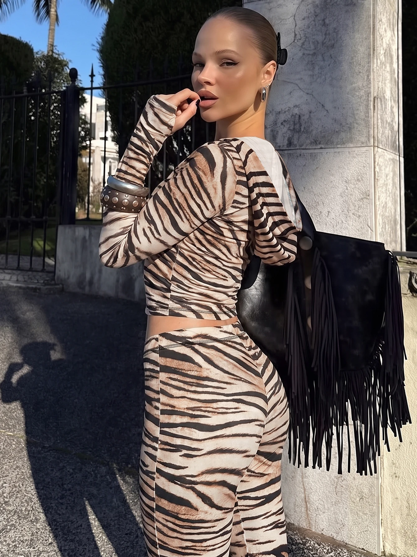 Hugcitar Women'S Print 2 Pcs Sets Hoodies Long Sleeve Zipper Crop Cardigan Top Wide Leg Pants Tracksuit Casual Streetwear Sport