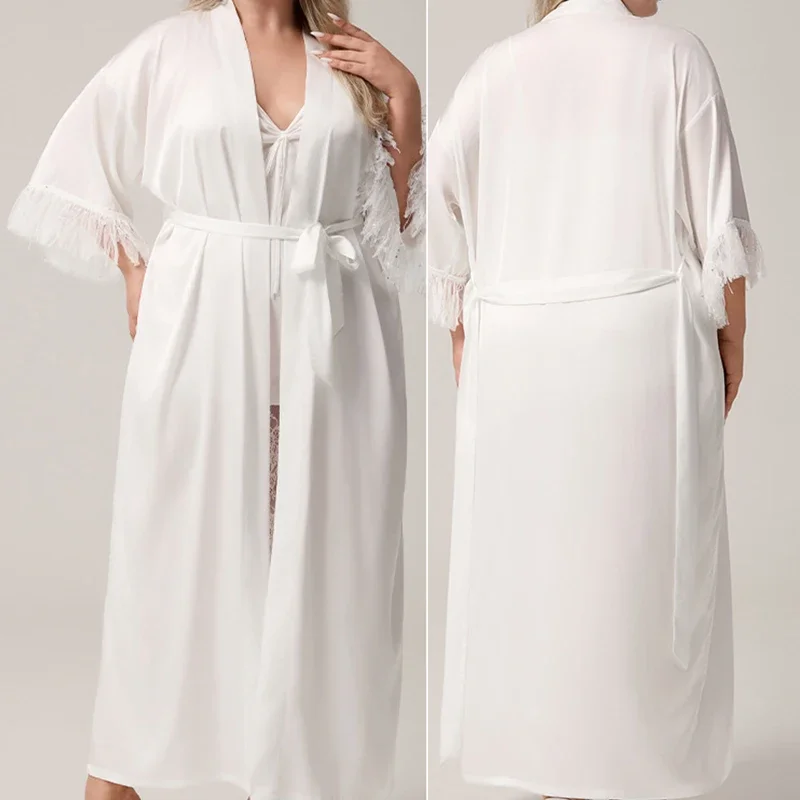 

Женский длинный халат большого размера, кимоно, халат, весенне-осенняя одежда для сна, домашнее платье, свободная одежда для дома из ледяного шелка, пеньюар, нижнее белье