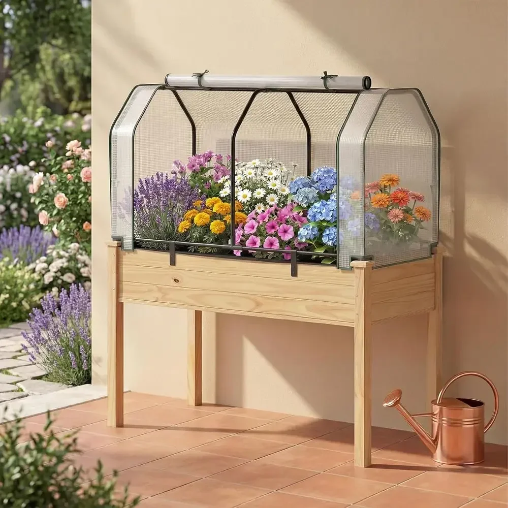 Raised Garden Bed with Mini Greenhouse, Dual Zipper Door, 47.5x21.5x24 Planter for Patio and Lawn Garden, Easy Assembly, Natural