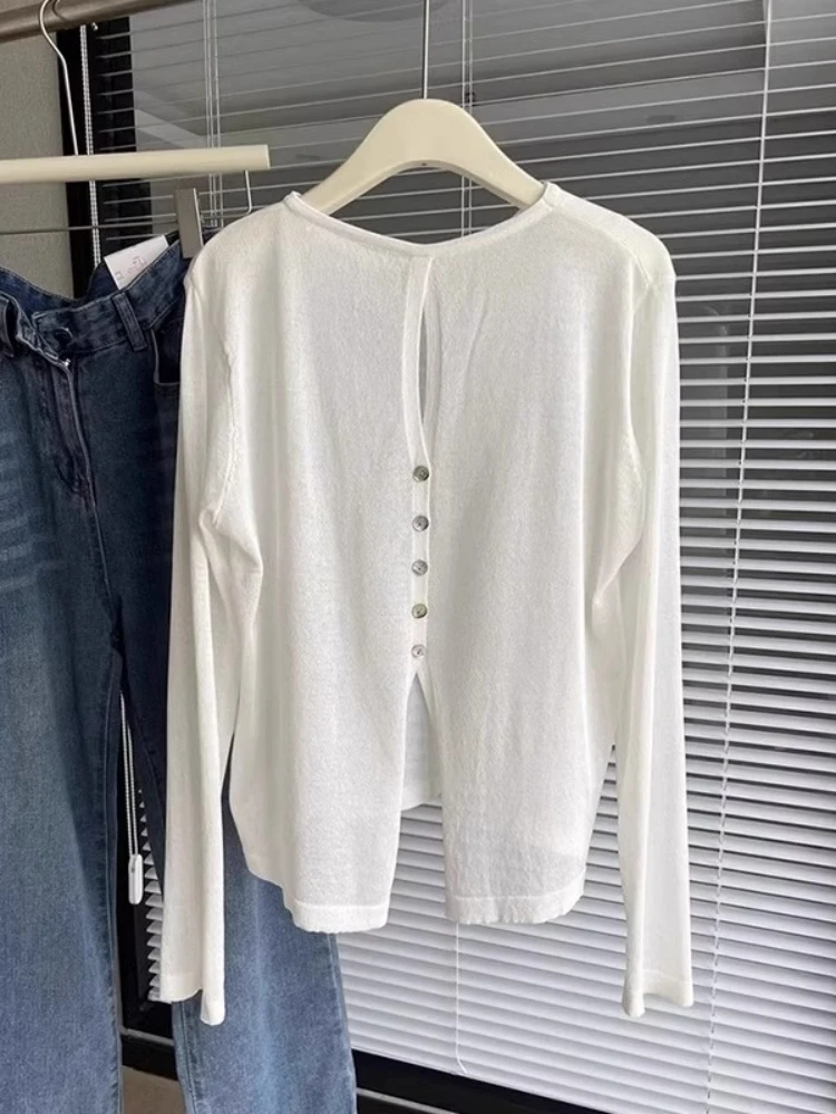 

Summer Loose Back Hollow out Long Sleeve Ice Silk Knitted Shirt European Style Age Reduction Versatile Color Fashionabl...