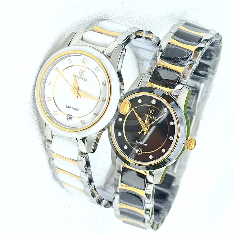 27MM Women's Quartz Watch with Ceramic Case 5ATM Waterproof Stainless Steel Vacuum Plated Sapphire Crystal Glass