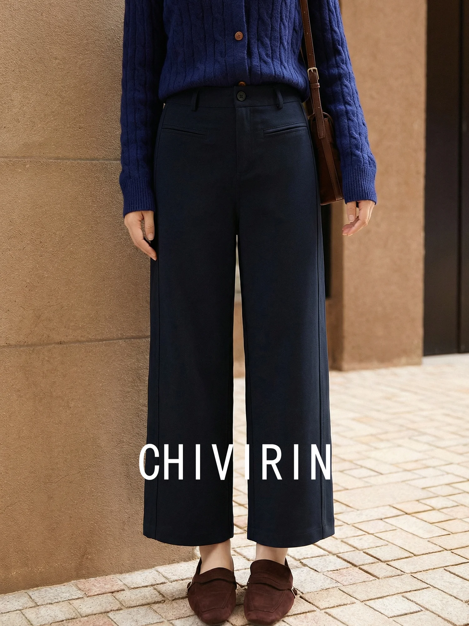 

Chivirin High-End Women's Woolen Straight Leg Suit Pants Loose Casual Wide Leg Long Trousers Comfortable High Waist Design