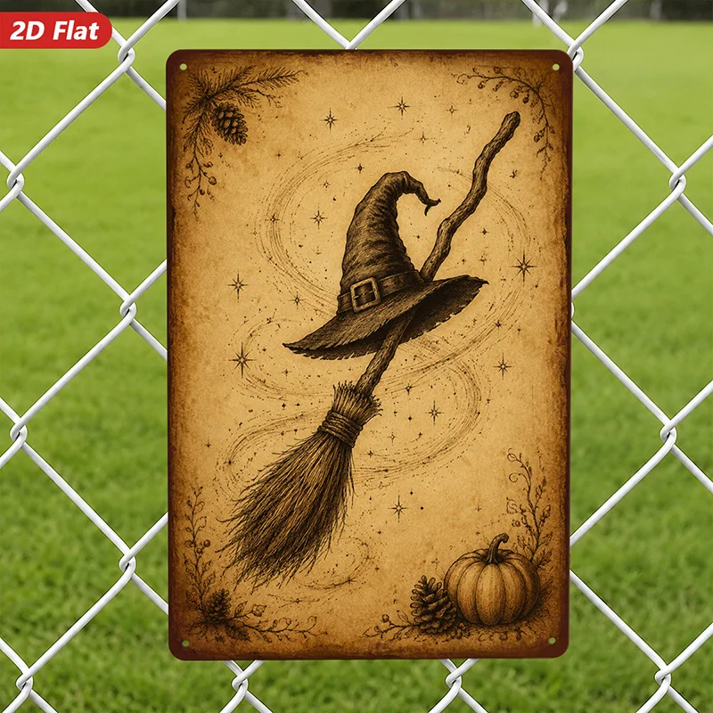 2D Flat, 1pc Metal Sign Wall Art, Halloween Home Decor, Witch Hat And Broomstick Art, Starry Pattern, Ideal for Living Room,