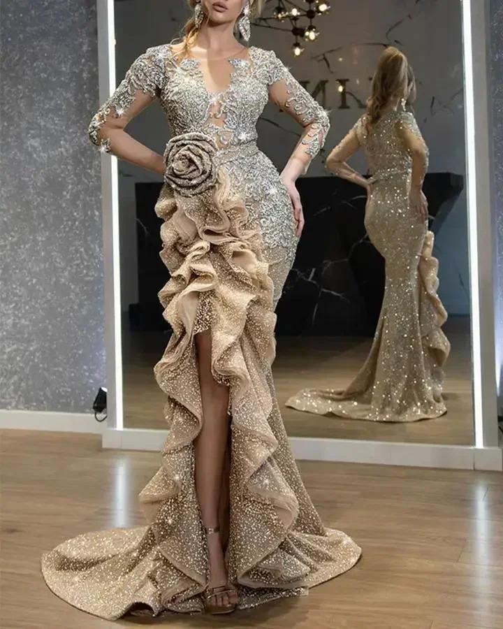 Sexy Gold Bling Nacht sogar Bankett Kleid Langarm Spitze Falte Frau elegante Pailletten Abschluss