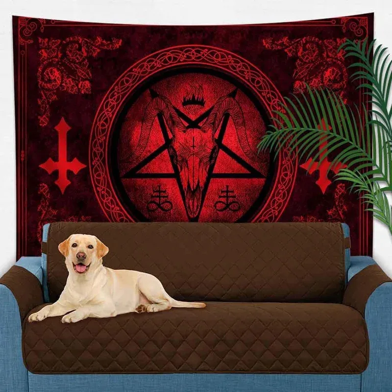 VIKAMA Baphomet Ziegenkopf-Wandteppich, geeignet für Altar-Dekoration. Ideal für Wohnzimmer oder als mystische Bardekoration.
