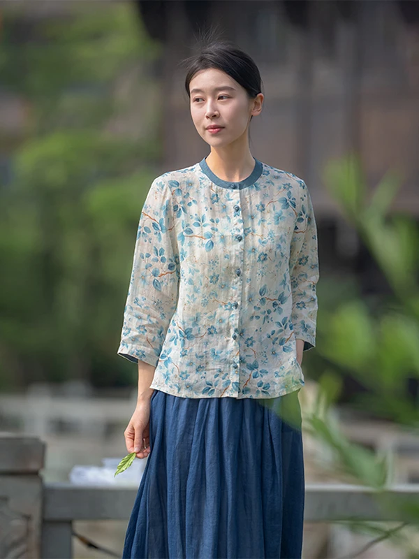 

Легкий тонкий кардиган Tingzhi Fre с синим льняным принтом и цветовыми блоками, художественный, открытый, женский, летний, с коротким рукавом