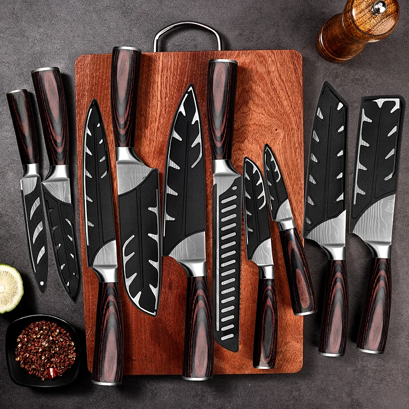 PLYS Damascus Pattern Kitchen Knife Set Stainless Steel Sharp Japanese Santoku Knife Chef's Knife Boning Knife