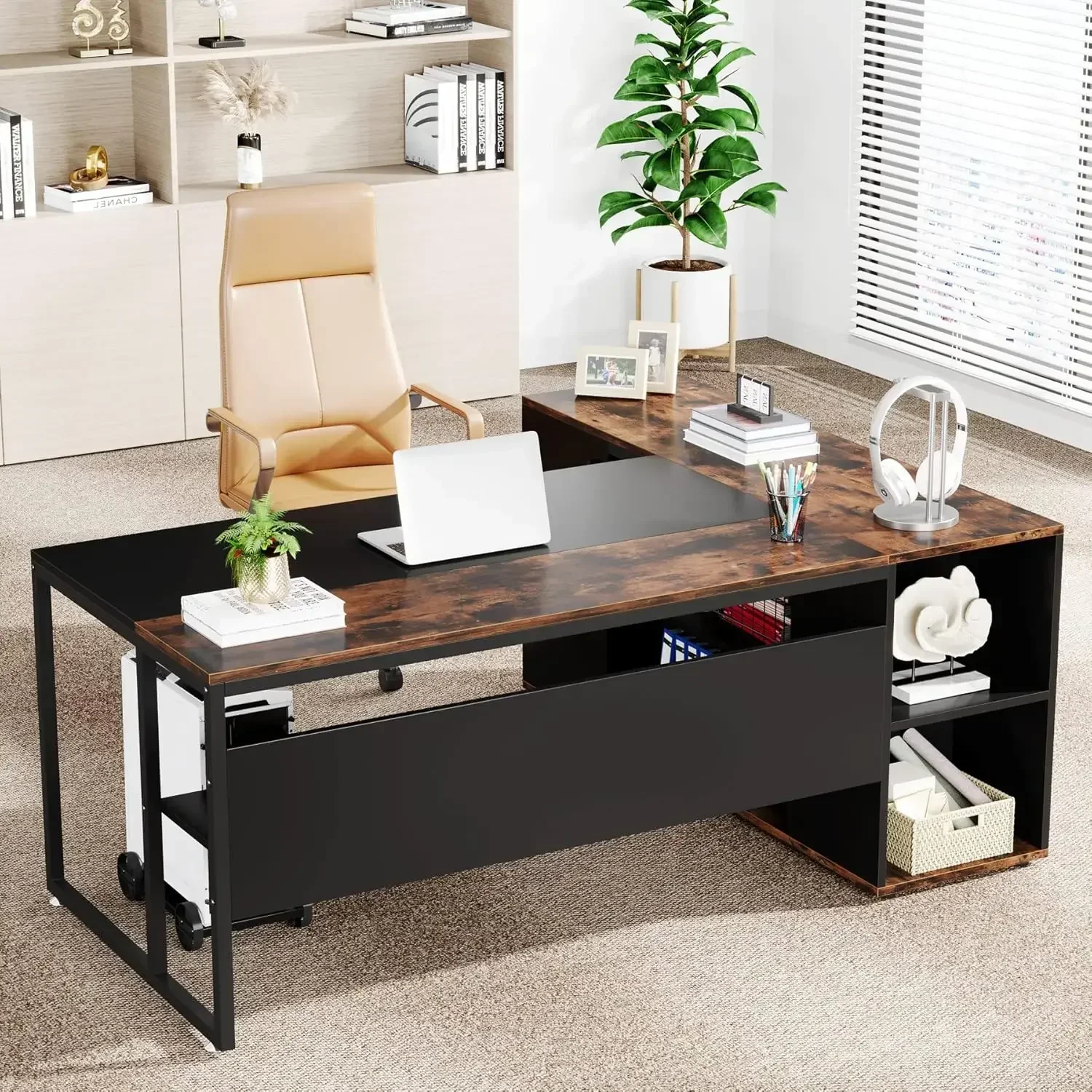 

Bestseller71 inch Executive Desk, L Shaped Desk with Cabinet Storage, Executive Office Desk with Shelves, Business Brown and Bla