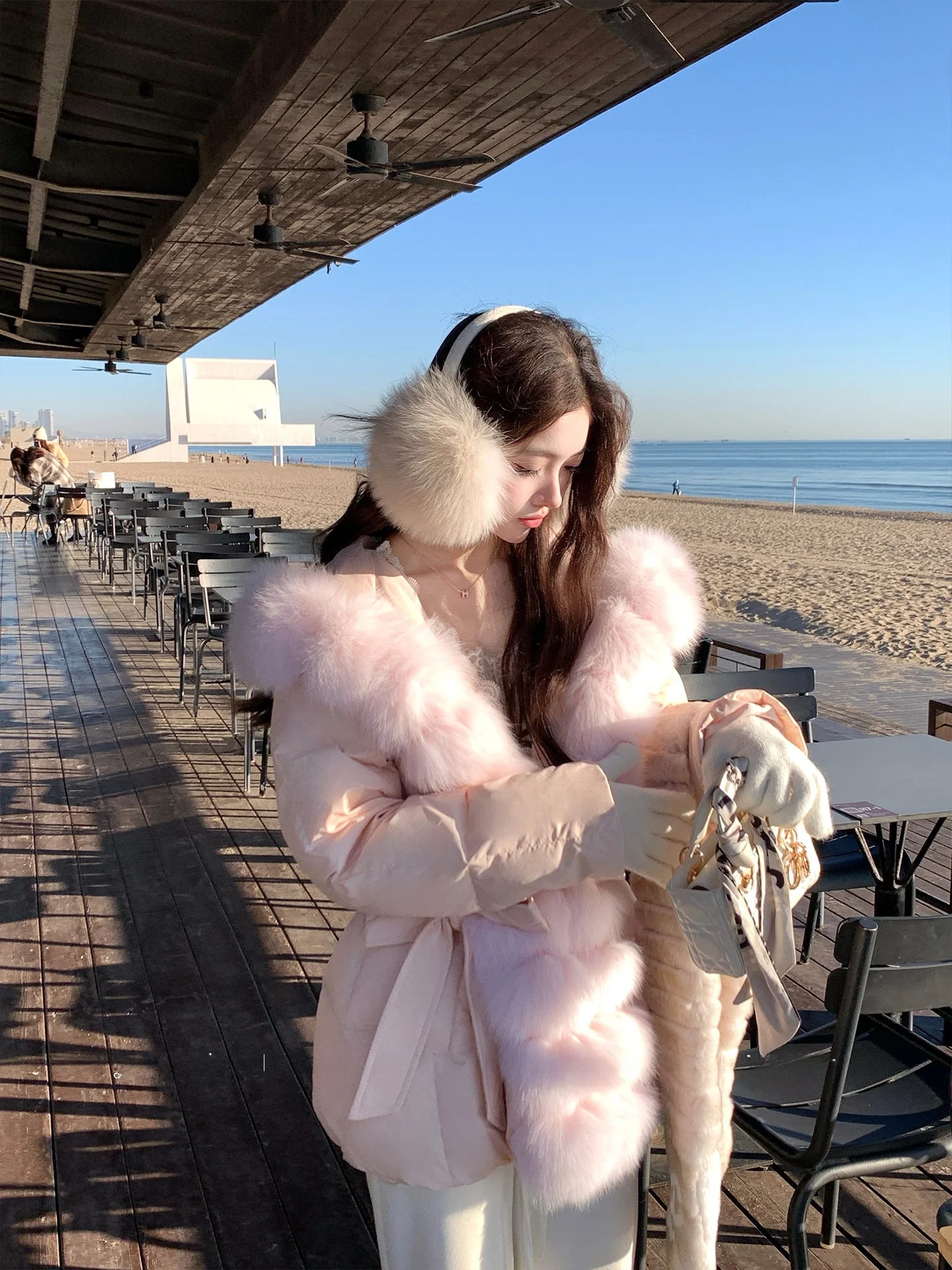 

Thiened Pure Color Fur Collar down Jaet Women's Winter Korean Sle Sweet ort Coat White Du down Warm Coat