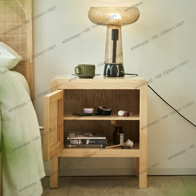Nordic solid wood bedside table, two-layer rattan storage, modern simple log color storage cabinet