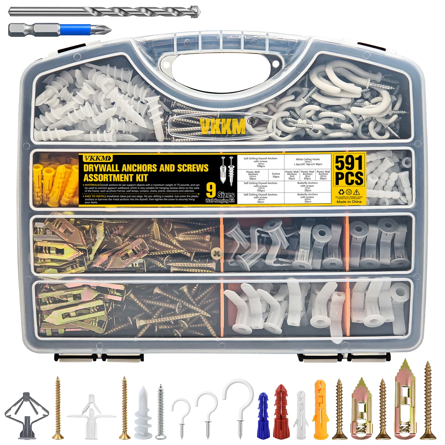 

591PCS All-in-One Wall Anchors and Screws Kit, No Pre-Drilling Self Drilling & Butterfly Anchors with Hooks & Drill Bits, Heavy Duty Hanging Hardware for Home DIY Projects
