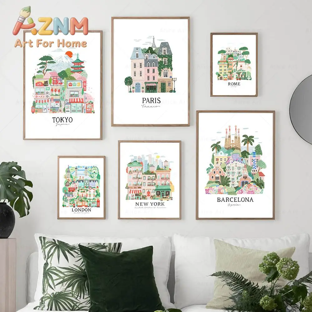 Illustration Travel City Posters Tokyo Paris New York London Barcelona Wall Art Canvas Print Bookshop Pictures Living Room De
