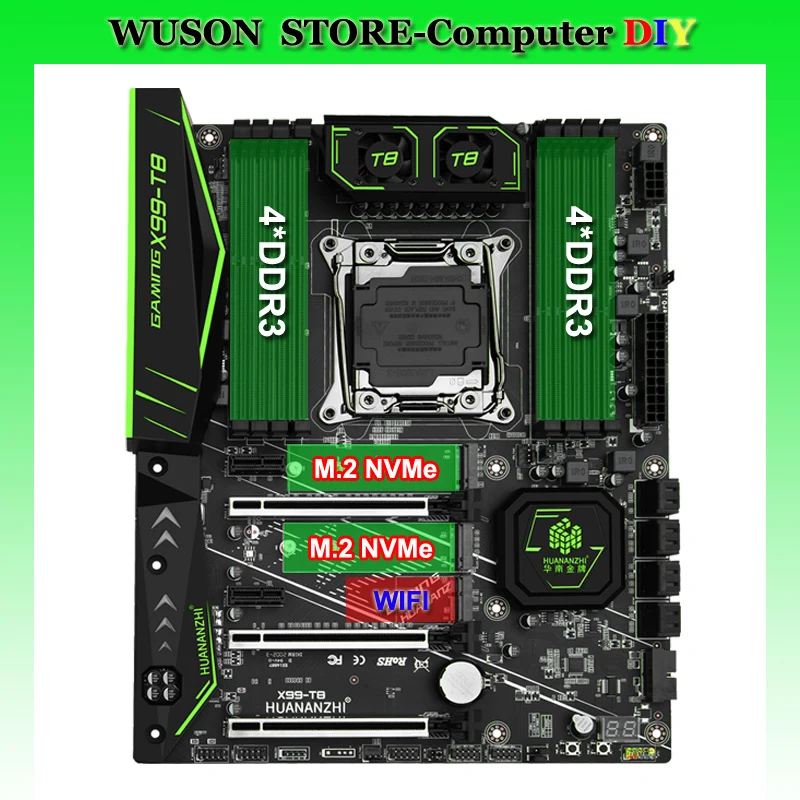 

Игровая материнская плата HUANANZHI X99-T8 LGA2011-3 для процессоров Xeon серии E5 V3, 8 слотов DDR3 для оперативной памяти до 256 ГБ, 2 слота M.2 NVMe, 1 слот M.2 Wi-Fi.