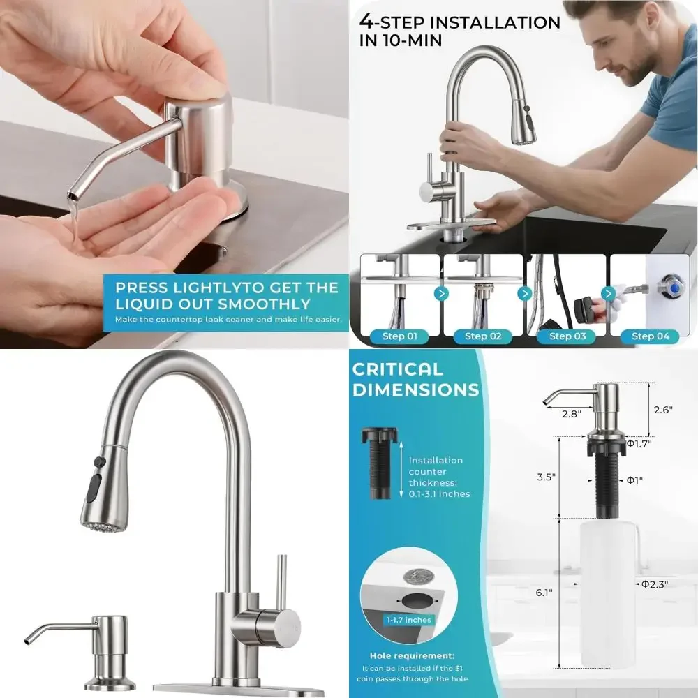 

Brushed Nickel Single Handle High Arc Pull-Out Kitchen Faucet with Soap Dispenser for RV, Laundry, and Farmhouse Sinks