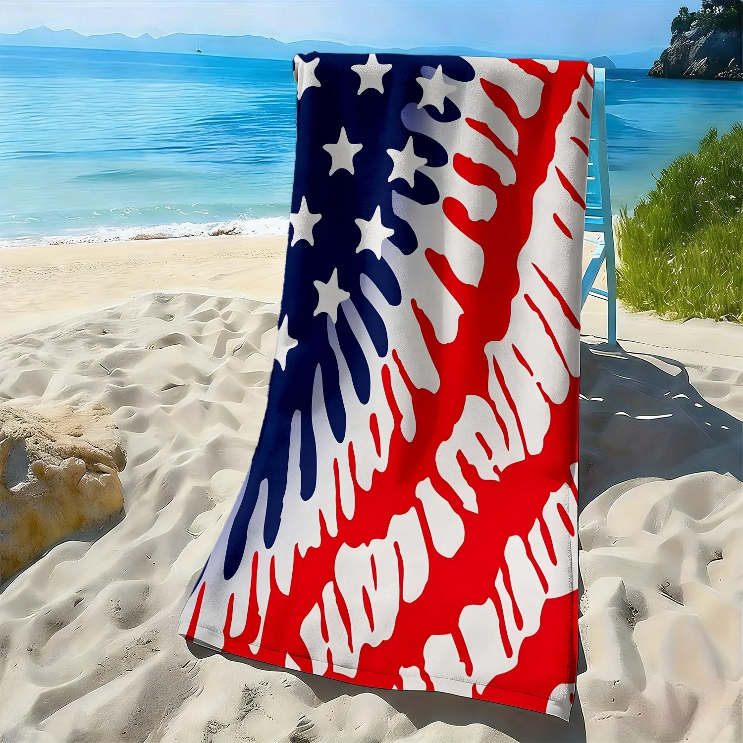

American Stars and Stripes pattern polyester microfiber beach towel is highly absorbent, suitable for swimming and beach outings