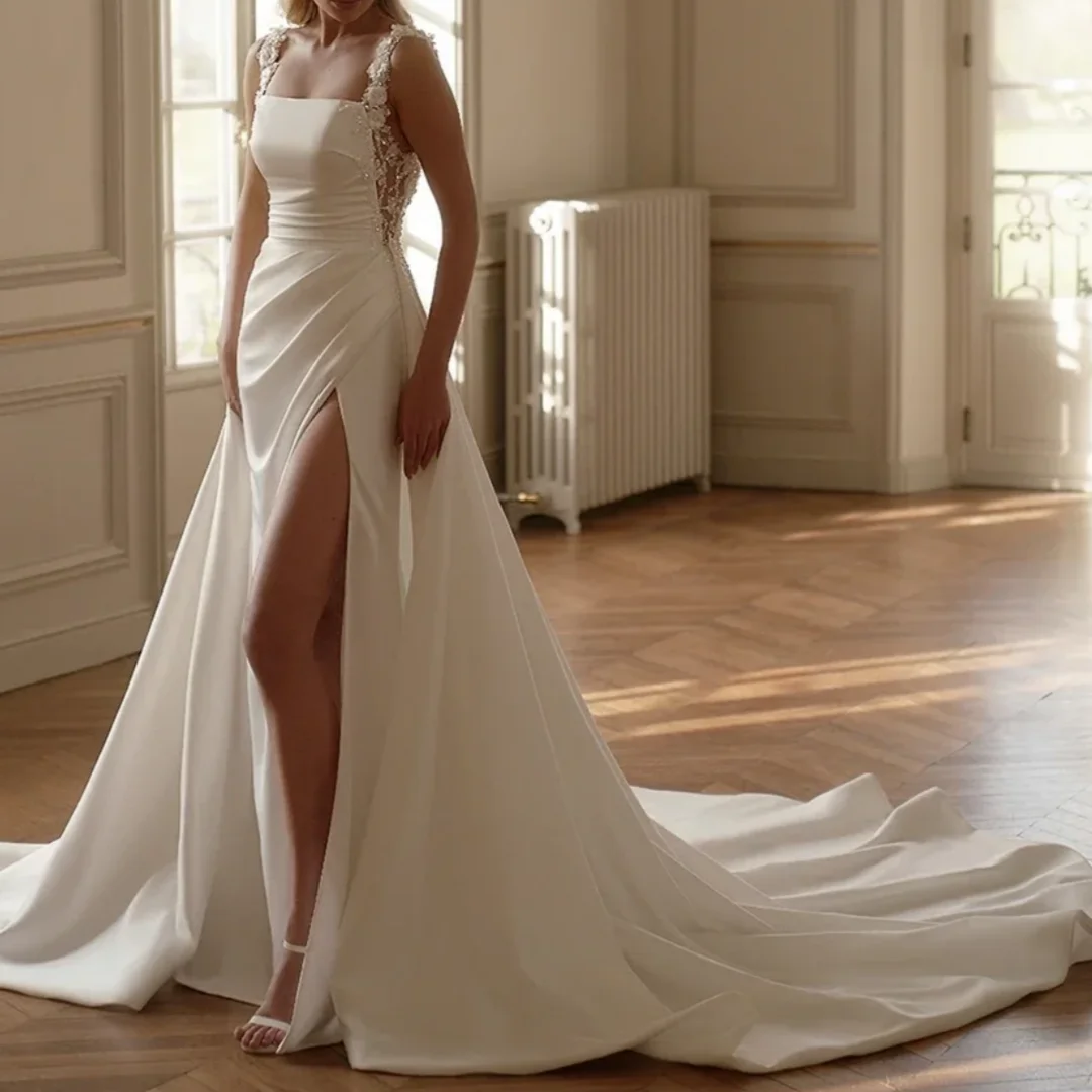 

Morden A Line Collar Stain Beading Robes Flowers Cross Formal Bridal Gowns Women Wedding Dress Customized