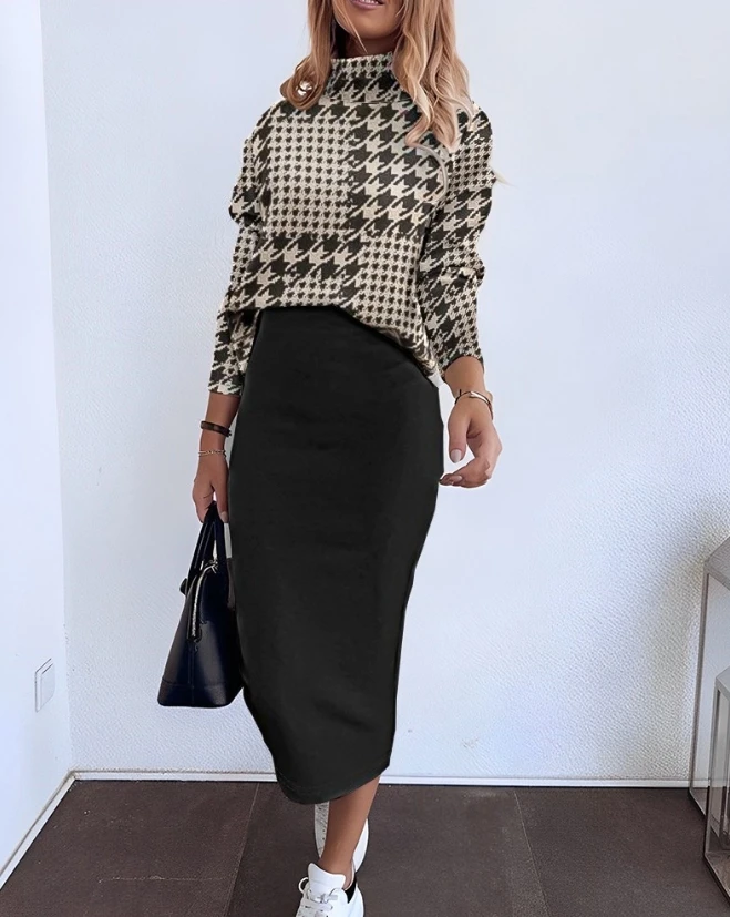 Women's Set 2023 New Hot Selling Fashion Houndstooth Pattern Long Sleeve Sweatshirt and High Waist Short Skirt Set