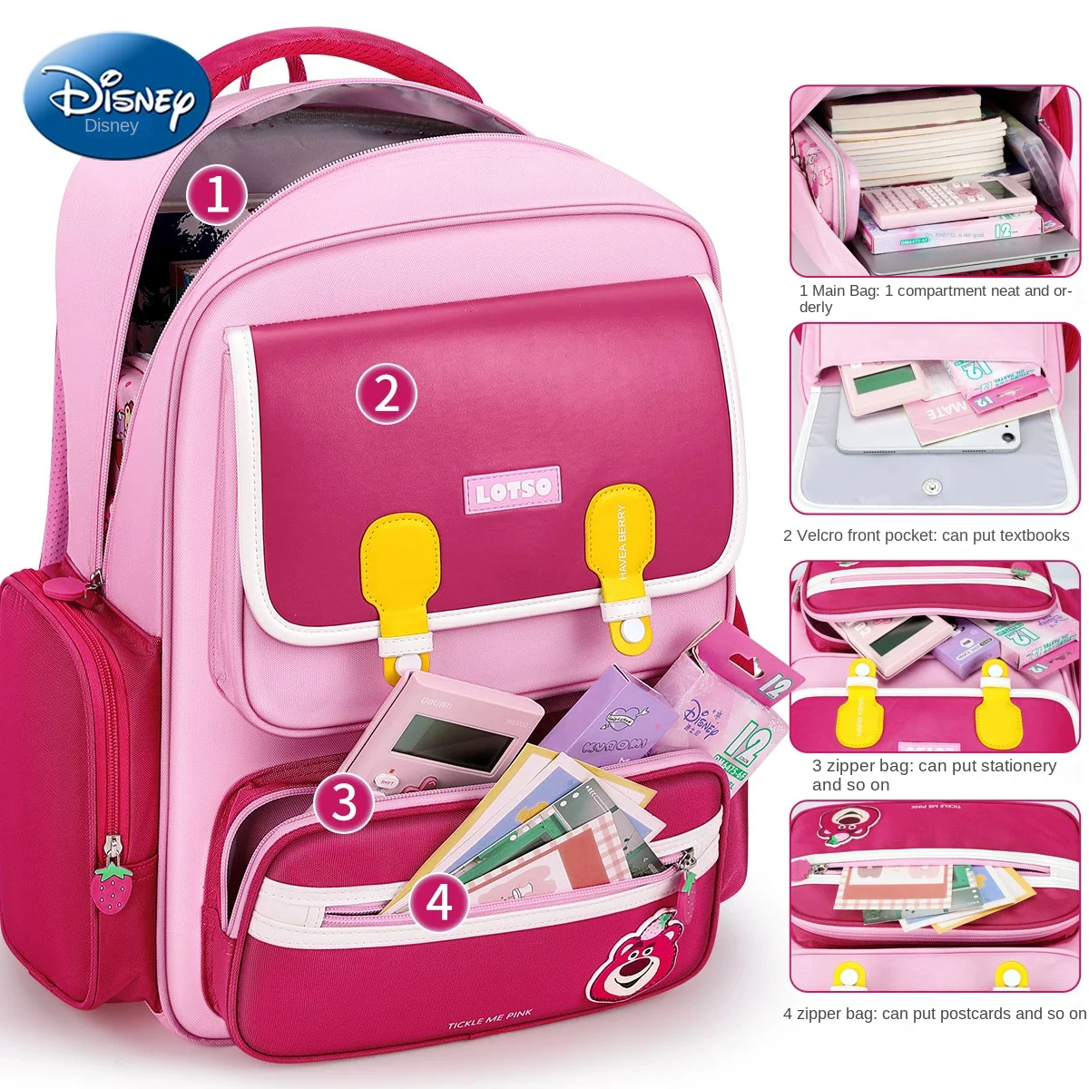 Disney Lotso Girl School Bag Grade 2-6 Primary Student Shoulder Orthopedic Backpack Large Capacity Light Kids Gifts Mochilas