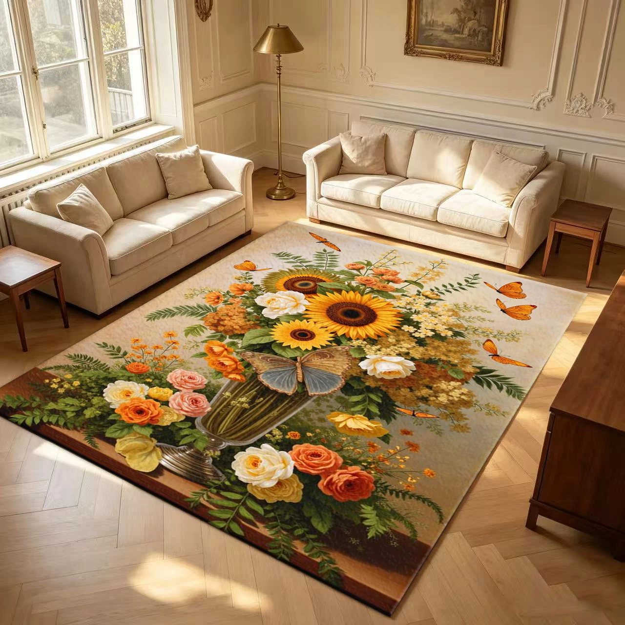 Sunflower Rose Bouquet Vase Butterfly Floral Art carpet flooring Vintage Flower Home Rug