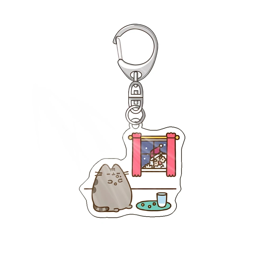 Pusheen Cute Cat Acrylic Anime Keychain Jewelry Key Ring Accessories Pendant Creative Girl Couple Collection Friends Gift Badge