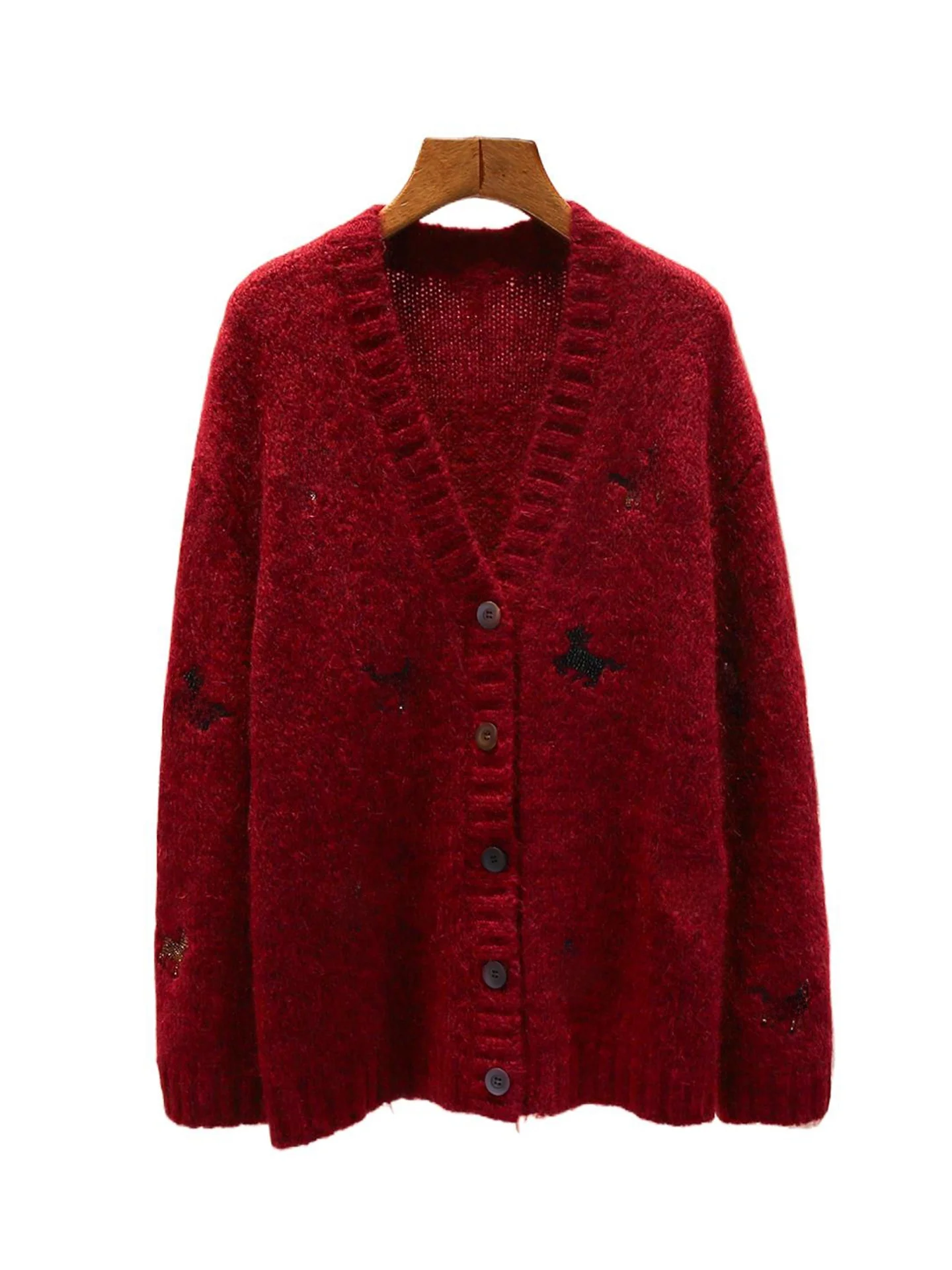 كارديجان أنيق مفتوح بياقة على شكل V مع تطريز خرز، سترة محبوكة للنساء بأسلوب كاجوال، مجموعة شتاء 2025