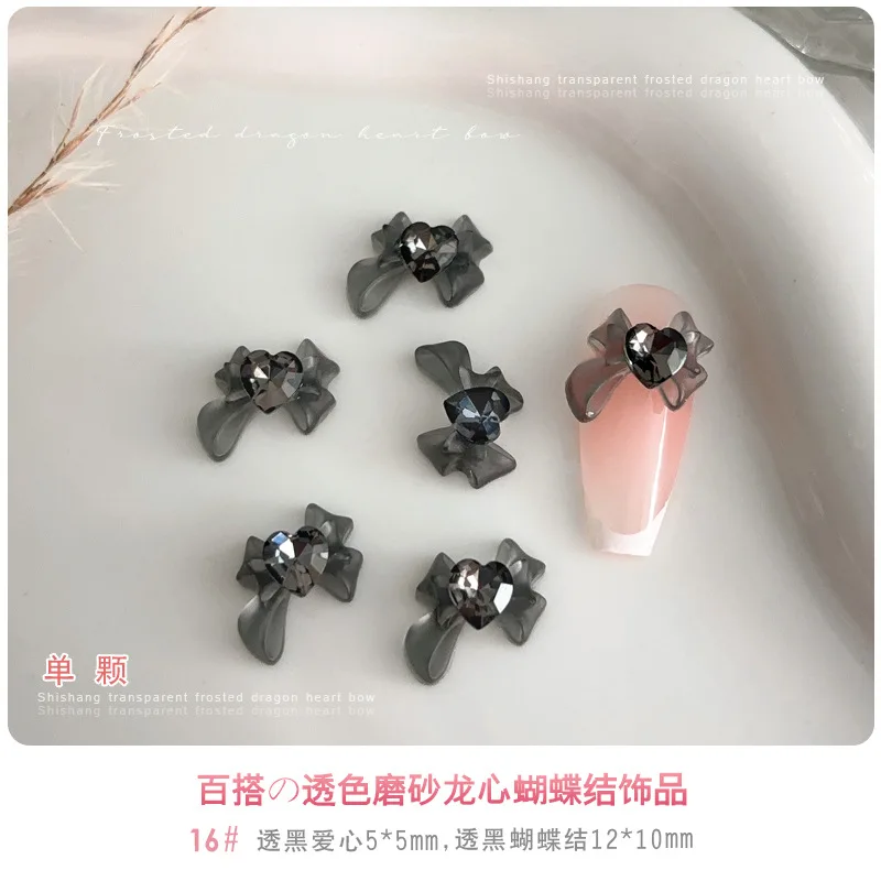 5pcs Ice Transparent Frosted Resin Bowknot Heart Drill Rhinestone Crystal Nail Art Decoration Ribbon DIY Manicure Accessories