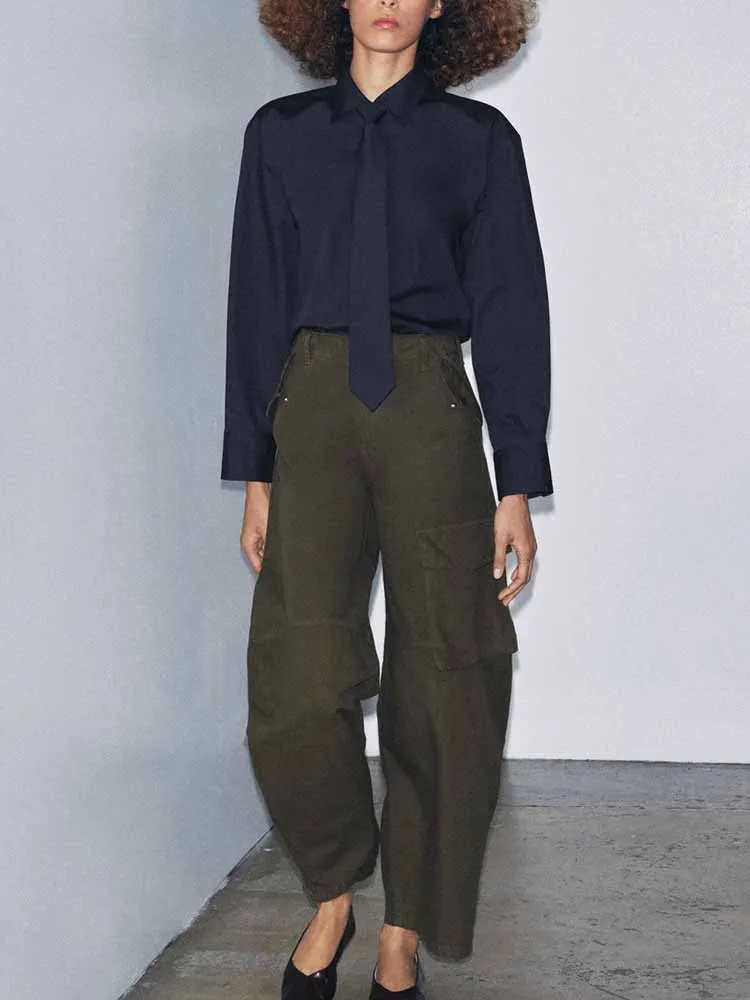 

European and American style winter new fashion women's casual versatile temperament simple long-sleeved poplin tie shirt