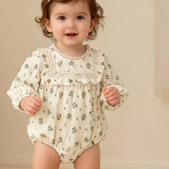

Girls Onesie 2025 Spring and Autumn New Childrens Wear Girls Baby Sweet and Lovely Long-sleeved Flower Princess Onesie Casual