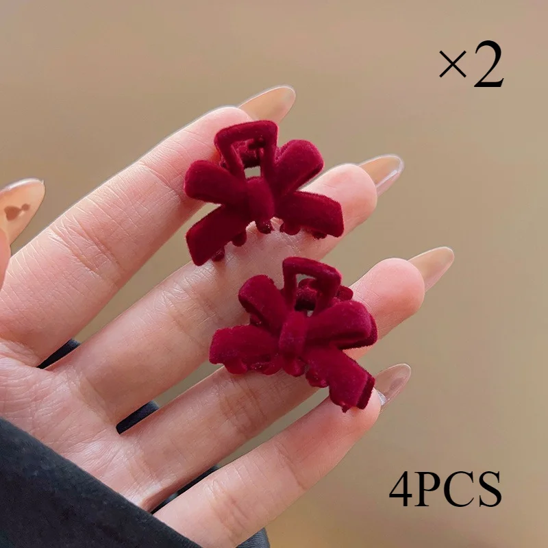 قطعتان من مشابك مخلب القوس المخملي الأحمر للعام الجديد - مشابك شعر جانبية للنساء، مشابك شعر على شكل غرة لمجموعة هدايا إكسسوارات الشعر الجميلة