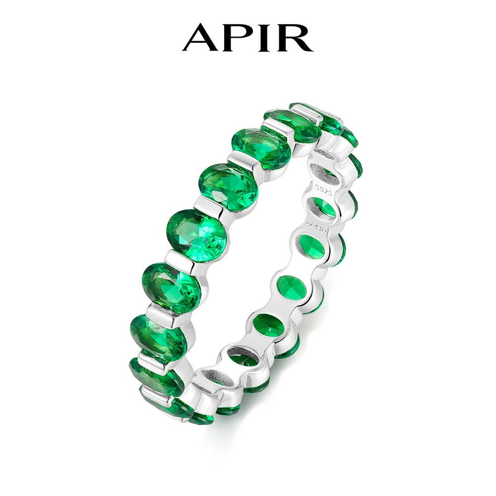 APIR Oval Simulate Emerald Full Eternal Ring for Women Man 925 Sterling Silver Stacking Rings Wedding Anniversary Fine Jewelry