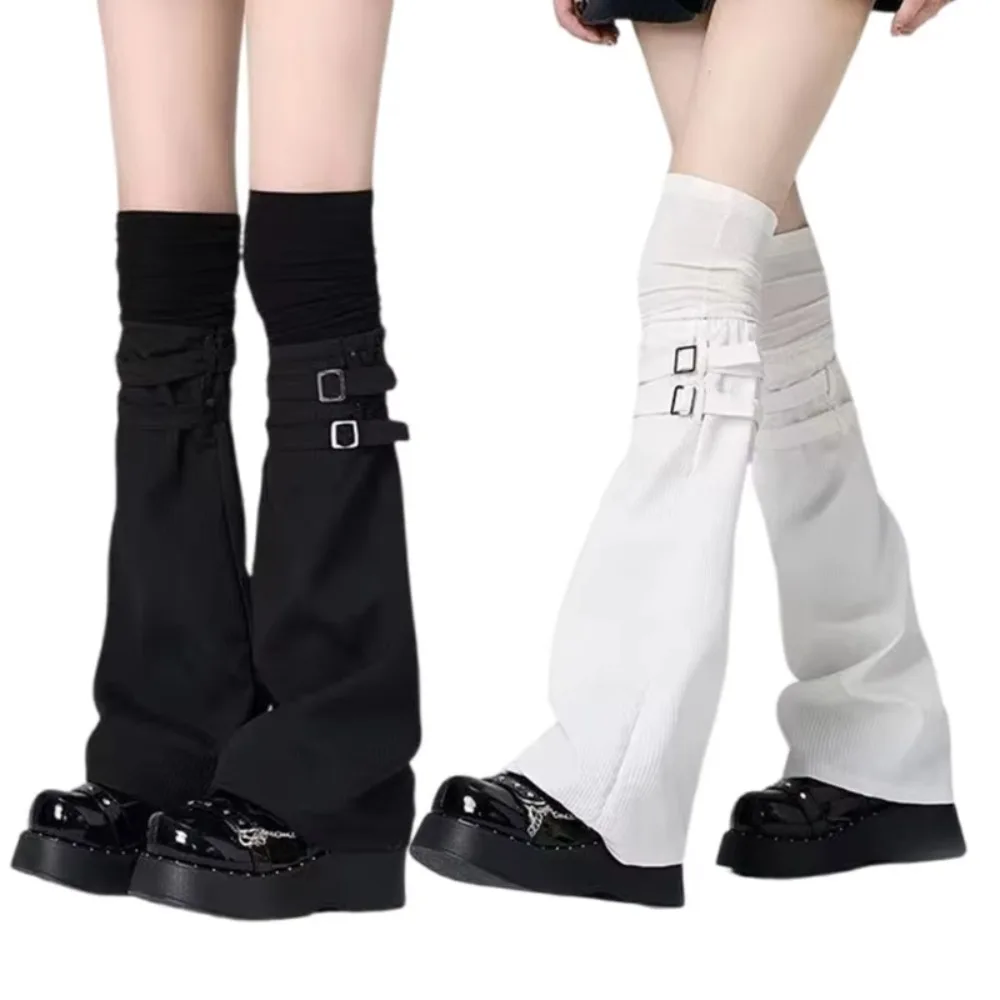 Sweet Y2K Knee Over Socks Keep Warm Leather Buckle High Tube Socks Black White Harajuku Socks Women Girls