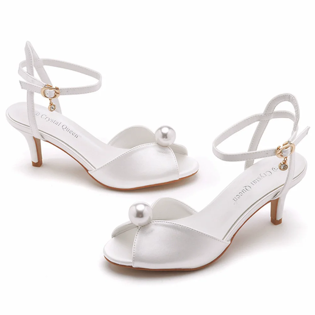 

6cm high-heeled sandals summer white silk pearl fish mouth wedding shoes banquet thin-heeled large size low-heeled women sandals
