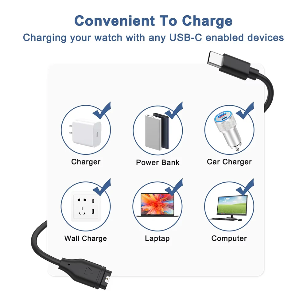 Kabel Pengisi Daya USB Tipe C 1 Meter untuk Garmin Fenix 7 7S 7X 6 6S 6X 5 5S 5X Vivoactive 3 4 4S Venu 2 2S 3 3S Kabel Pengisi Daya Cepat