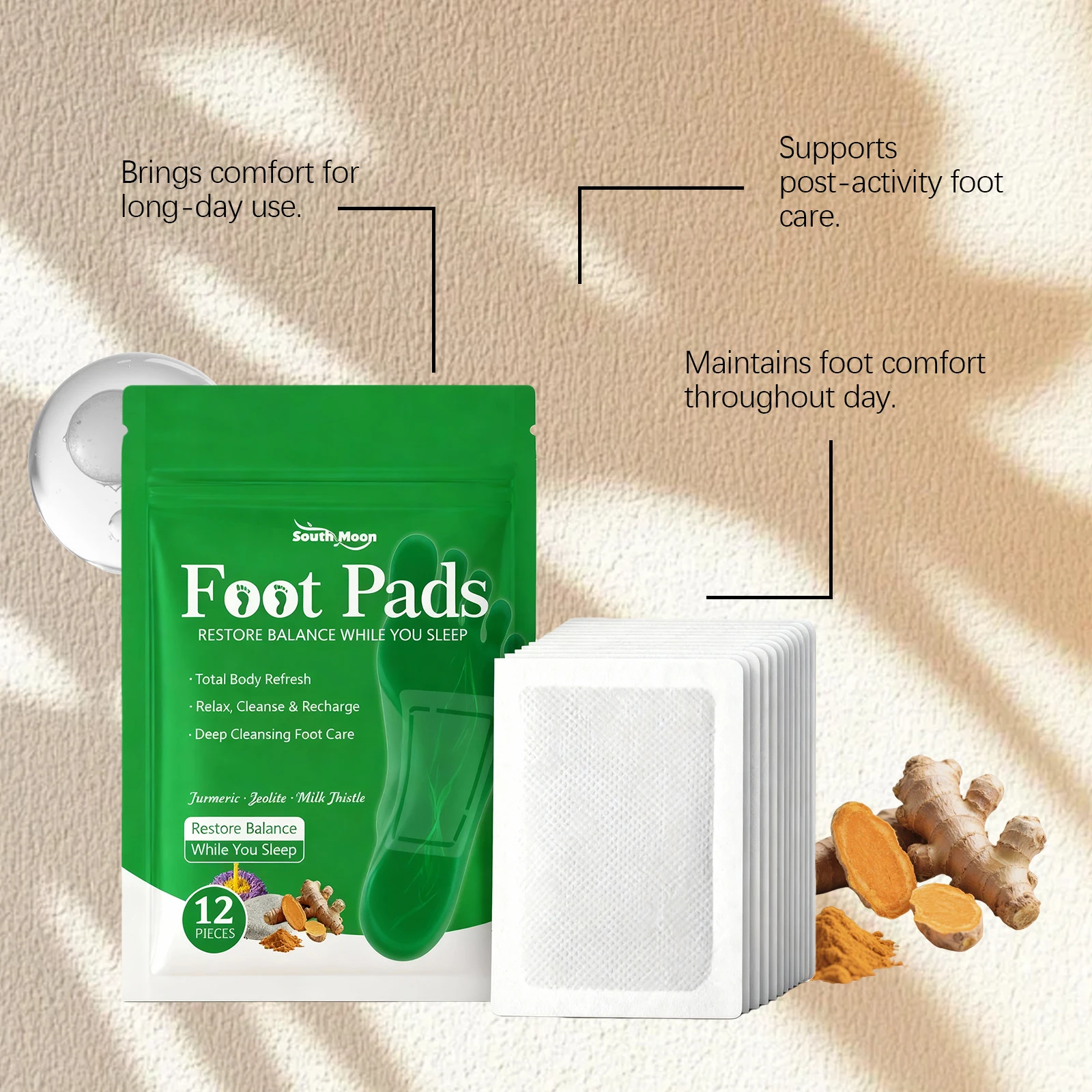 South Moon Foot Pads for Tired Feet Recovery Turmeric Ginger Deep Cleansing Fatigue Relief Swelling Reduction Foot Care Stickers view 2