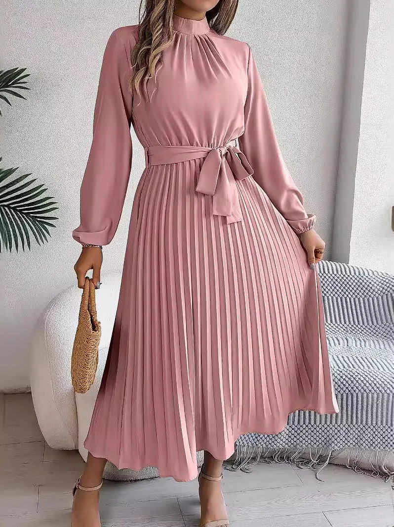 Long Sve Stand up Collar Sved Dr Color Blo Midi Skirt High Waist Knitted Summer Wrap Dr A-Line Silhouette Other