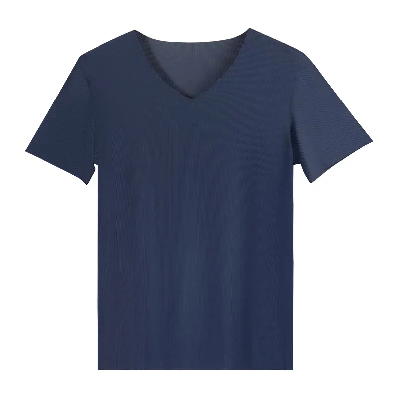 

5pcs Summer Ice Silk seamless men's short-sleeved solid-color T-shirt, V-neck half-sleeved top, thin base shirt, slim-fit underw